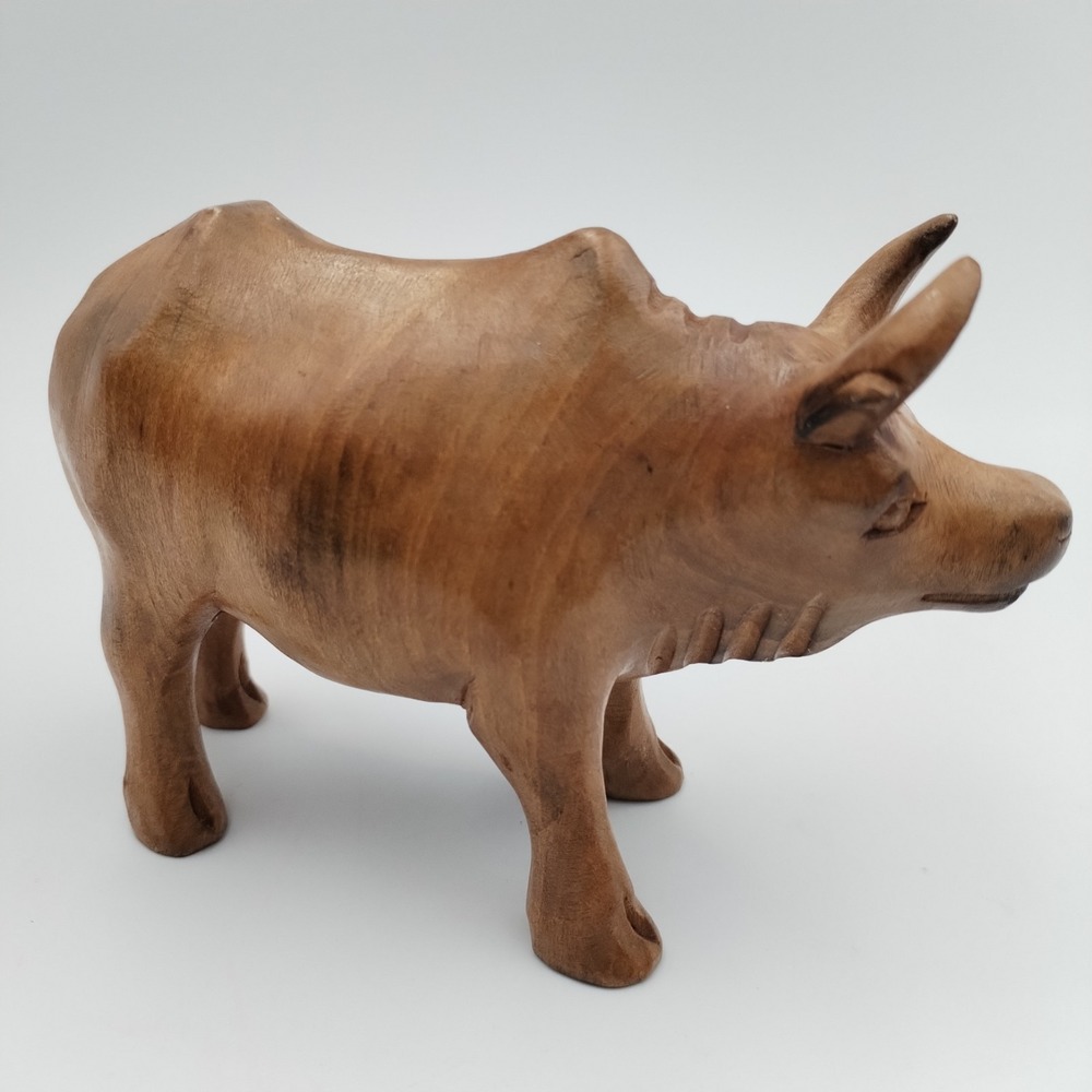 Vintage Hand Carved Wood‎ Water Buffalo Figurine Ironwood Bull Sculpture MCM 4x6